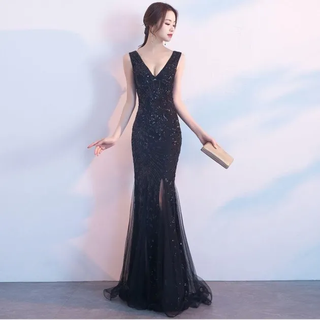 Elegant Temperament Long Fishtail Sequin Sexy Dress