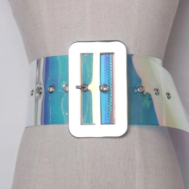 Cinturón todo-fósforo de ojo de aire de PVC de color mágico láser con hebilla generosa plateada