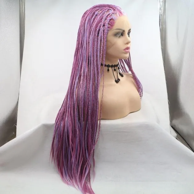 Peluca de fibra química de moda Cabello largo y recto de color púrpura claro profundo Trenza pequeña Alta