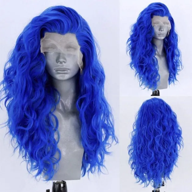 Gran peluca azul ondulada con encaje frontal